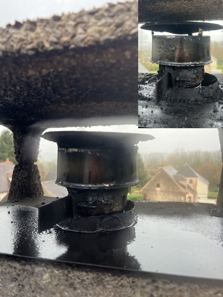 Chapeau de poêle à granulés étanche bouché par le bistre puis nettoyé – comparaison avant après
